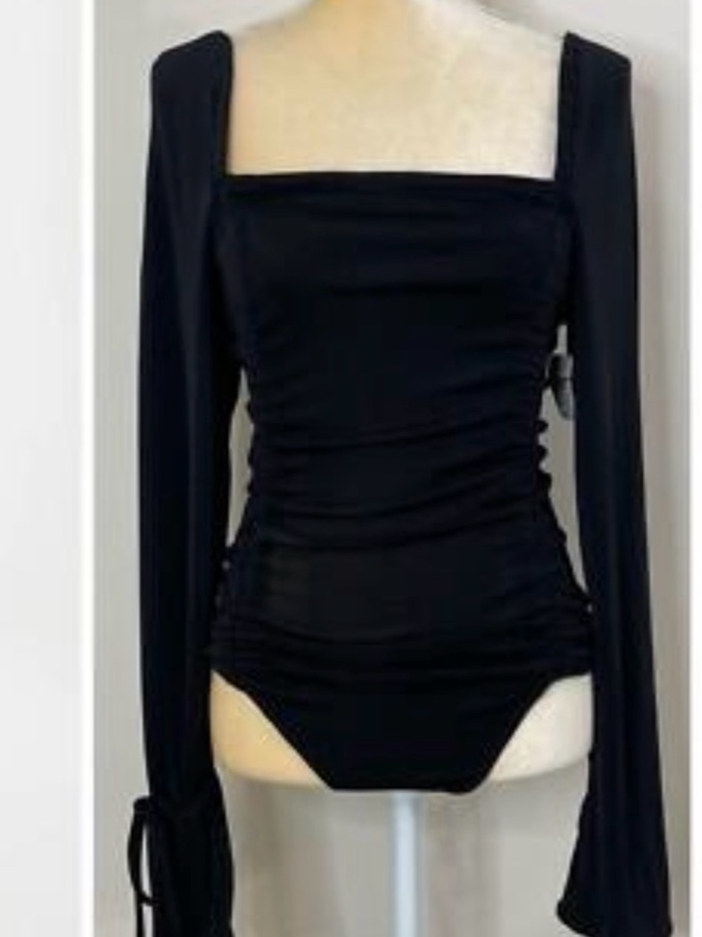 Free People Black Square-Neck Long-Sleeve Bodysuit with Side Ruching